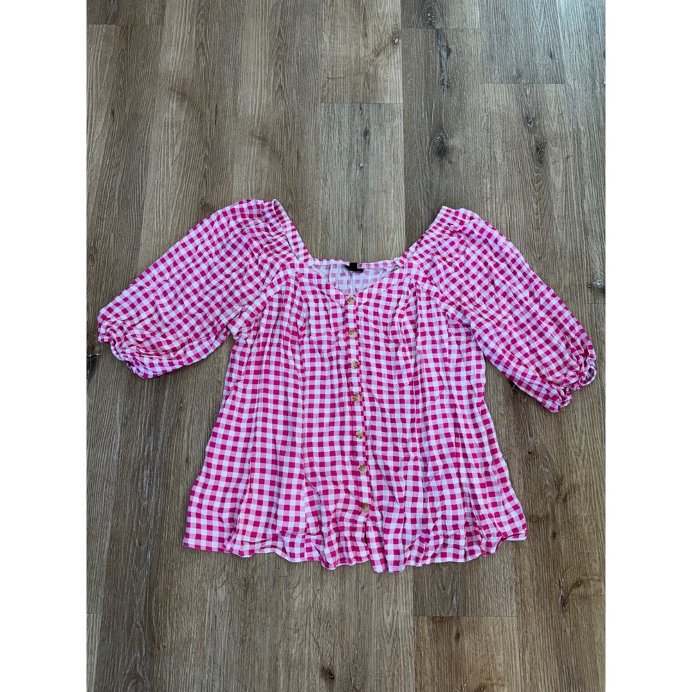 Torrid Blouse Womens 3 Pink Gingham Button Front Peplum Puff Sleeve Cottagecore
